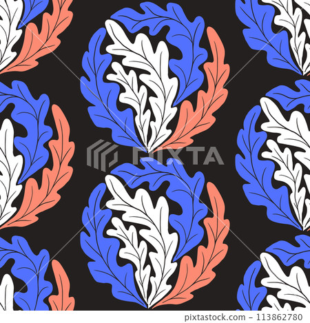 Contrast seamless pattern with abstract leaves in round motive on black background. Flat vector hand drawn botanical illustration. Retro print design for textile, wallpaper, wrapping paper Contrast seamless pattern with abstract leaves in round motive on black background. Flat vector hand drawn botanical illustration. Retro print design for textile, wallpaper, wrapping paper 113862780