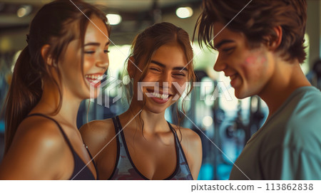 Group of Caucasian exercisers laughing cheerfully inside the gym. Group of Caucasian exercisers laughing cheerfully inside the gym. 113862838