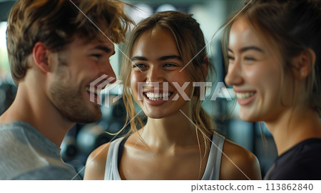 Group of Caucasian exercisers laughing cheerfully inside the gym. Group of Caucasian exercisers laughing cheerfully inside the gym. 113862840