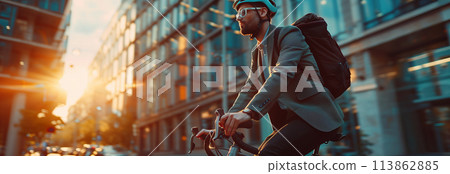 Selective focus of Male businessman riding a bicycle in the city. 113862885