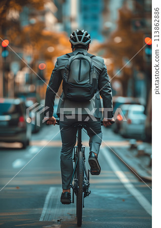 Selective focus of Male businessman riding a bicycle in the city. 113862886