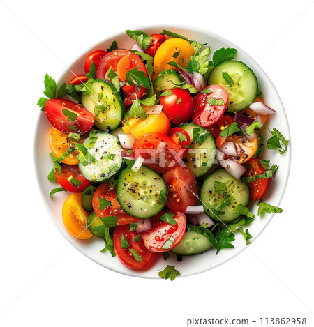 Green salad with fresh vegetables isolated, top view. 113862958