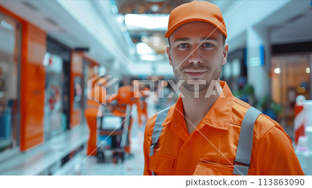 Caucasian male cleaning worker Working in a department store. Caucasian male cleaning worker Working in a department store. 113863090