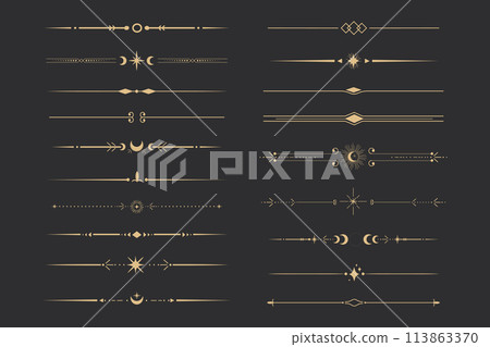 Golden divider celestial border with stars moon and sun thin line elegant simple decoration, mystic tarot separator, minimalist magic gold design element on dark background Golden divider celestial border with stars moon and sun thin line elegant simple decoration, mystic tarot separator, minimalist magic gold design element on dark background 113863370