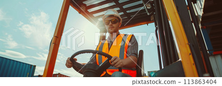 A Caucasian male employee is driving a forklift in a factory. 113863404