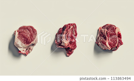 Set of various types of beef They are arranged on a white background. 113863494