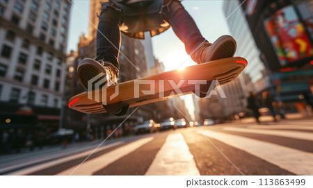 Close-up of hoverboard, hoverboard rider's legs, floating in the air in the city, future of air vehicles. 113863499