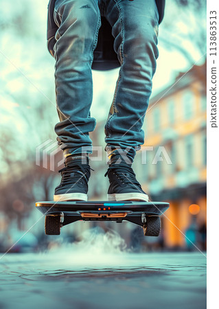 Close-up of hoverboard, hoverboard rider's legs, floating in the air in the city, future of air vehicles. Close-up of hoverboard, hoverboard rider's legs, floating in the air in the city, future of air vehicles. 113863513