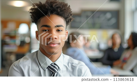 African American businessman smiling with confidence in the office. 113863618
