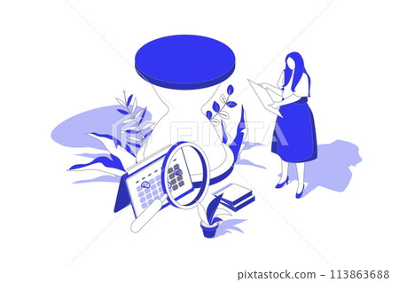 Time management 3d isometric concept in isometry graphic design for web. People scene with woman planning tasks with deadline, improving efficiency and workflow productivity. Vector illustration. 113863688
