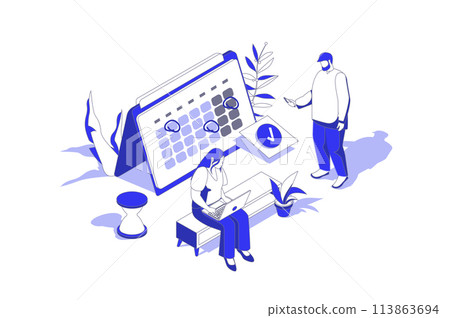 Time planning 3d isometric concept in isometry graphic design for web. People scene with team scheduling work tasks, setting goals and dating at calendar, creating daily agenda. Vector illustration. Time planning 3d isometric concept in isometry graphic design for web. People scene with team scheduling work tasks, setting goals and dating at calendar, creating daily agenda. Vector illustration. 113863694