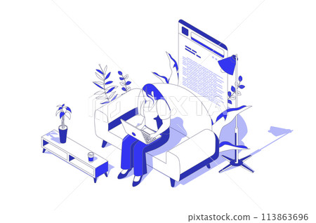 Online reading 3d isometric concept in isometry graphic design for web. People scene with woman reading e-books or digital information using laptop, learning with textbook app. Vector illustration. 113863696