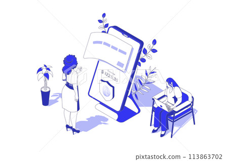 Mobile banking 3d isometric concept in isometry graphic design for web. People scene with clients using bank services and finance account in app, making payment with credit card. Vector illustration. Mobile banking 3d isometric concept in isometry graphic design for web. People scene with clients using bank services and finance account in app, making payment with credit card. Vector illustration. 113863702