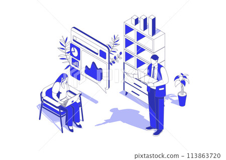 Business statistic 3d isometric concept in isometry graphic design for web. People scene with colleagues work with data charts and graphs, calculating and make financial report. Vector illustration. Business statistic 3d isometric concept in isometry graphic design for web. People scene with colleagues work with data charts and graphs, calculating and make financial report. Vector illustration. 113863720