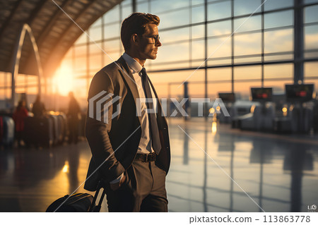 Businessman traveler with luggage waiting in the airport hall 113863778