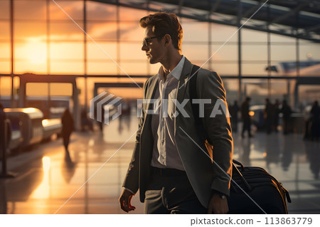 Businessman traveler with luggage waiting in the airport hall 113863779