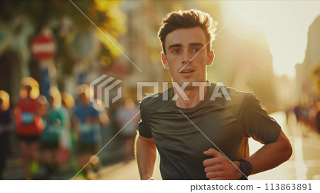 Caucasian male runner Running to the finish line in the city, people greeting at the finish line. Caucasian male runner Running to the finish line in the city, people greeting at the finish line. 113863891