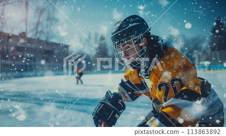 Selective focus of Caucasian male athlete playing ice hockey on the field. Selective focus of Caucasian male athlete playing ice hockey on the field. 113863892