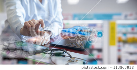 Pharmacist showing drugs to treat diseases . 113863938