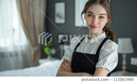 The Caucasian housekeeper is confident in cleaning the hotel rooms. 113863990