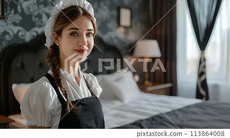 The Caucasian housekeeper is confident in cleaning the hotel rooms. 113864008