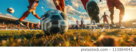 close up of soccer ball on soccer field. close up of soccer ball on soccer field. 113864041
