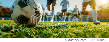 close up of soccer ball on soccer field. close up of soccer ball on soccer field. 113864042