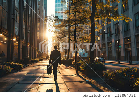 silhouette of business traveler man with luggage bag on city street 113864331