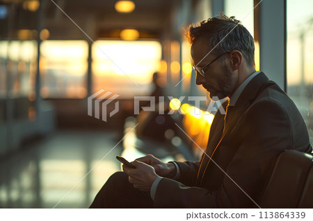 business traveler man with luggage waiting in the station hall 113864339