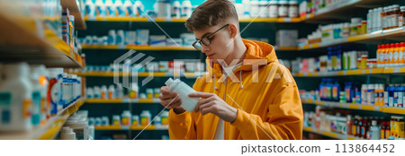 Caucasian male customer picks up pill bottle in pharmacy. Caucasian male customer picks up pill bottle in pharmacy. 113864452