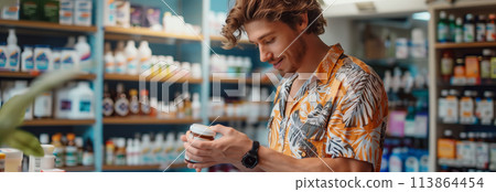 Caucasian male customer picks up pill bottle in pharmacy. 113864454