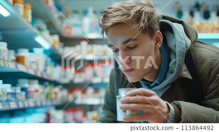 Caucasian male customer picks up pill bottle in pharmacy. Caucasian male customer picks up pill bottle in pharmacy. 113864492