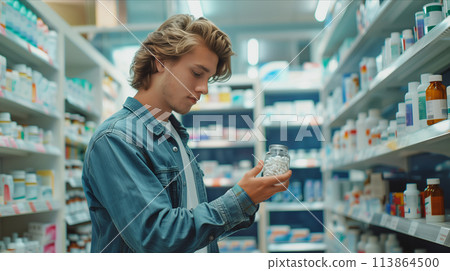 Caucasian male customer picks up pill bottle in pharmacy. 113864500
