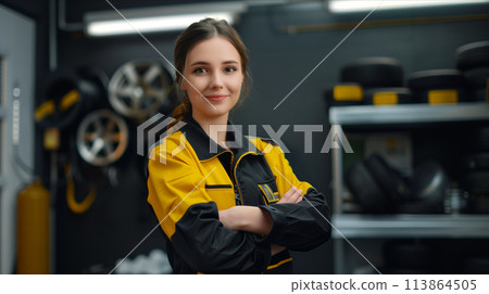 Caucasian woman crossing her arms in an alloy shop. Caucasian woman crossing her arms in an alloy shop. 113864505