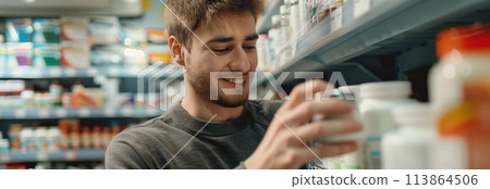Caucasian male customer picks up pill bottle in pharmacy. 113864506