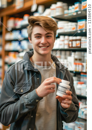 Caucasian male customer picks up pill bottle in pharmacy. 113864510