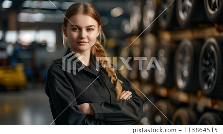Caucasian woman crossing her arms in an alloy shop. 113864515