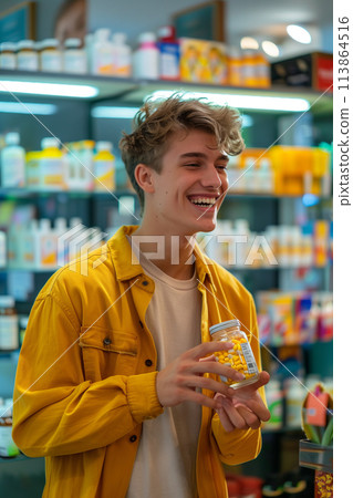 Caucasian male customer picks up pill bottle in pharmacy. 113864516