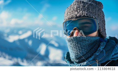 A man wearing winter clothes is climbing a snowy mountain. 113864618