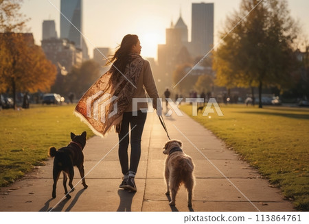 Silhouetted against the sunset, a woman walks her dogs in a city park. Silhouetted against the sunset, a woman walks her dogs in a city park. 113864761