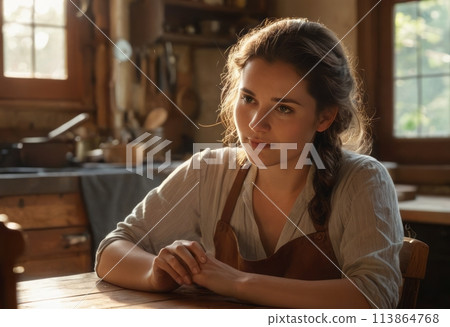 Pensive young woman writing thoughts in her journal indoors. Pensive young woman writing thoughts in her journal indoors. 113864768