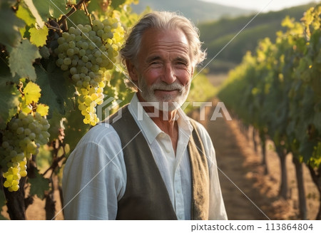 An elderly man inspects grapevines in a sunlit vineyard. 113864804