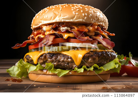 big cheeseburger with a lot of food ingredients. fast food. 113864897