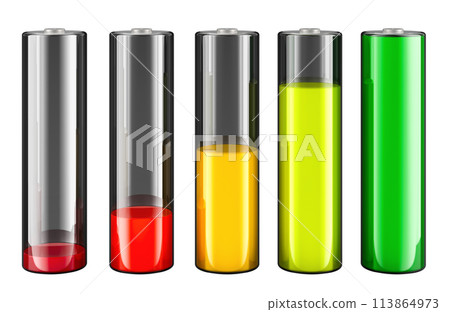 Battery charge from high to low. Discharged and fully charged battery. 3D rendering Battery charge from high to low. Discharged and fully charged battery. 3D rendering 113864973