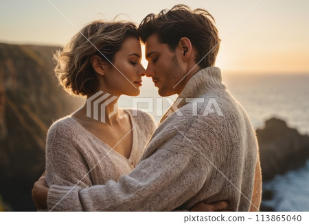 A couple embraces lovingly by the sea at sunset. The mood is intimate and romantic. 113865040