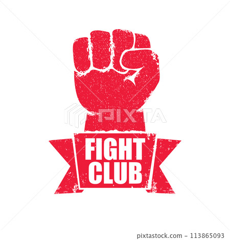 fight club vector red logo or label with grunge red man fist isolated on transparent white background. MMA Mixed martial arts concept design template. Fighting club label for print on tee 113865093