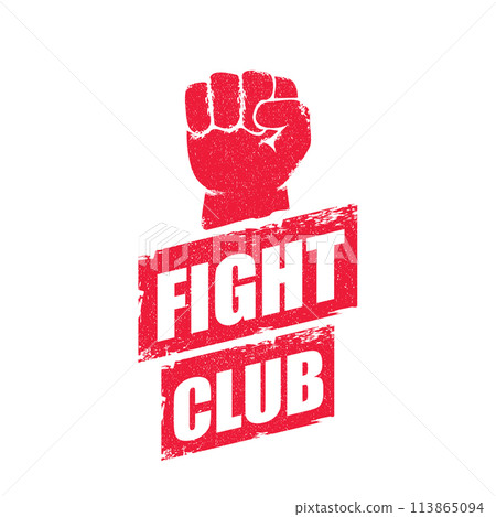 fight club vector red logo or label with grunge red man fist isolated on transparent white background. MMA Mixed martial arts concept design template. Fighting club label for print on tee 113865094
