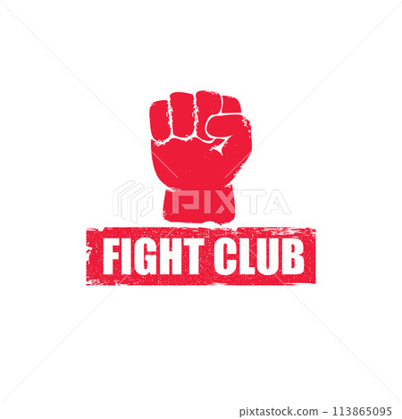 fight club vector red logo or label with grunge red man fist isolated on transparent white background. MMA Mixed martial arts concept design template. Fighting club label for print on tee 113865095