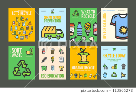 Recycle and Eco Education Concept Placard Poster Invitation Banner Card Set. Vector Recycle and Eco Education Concept Placard Poster Invitation Banner Card Set. Vector 113865278