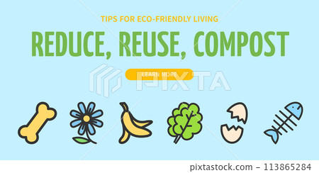 Reuse, Reduce, Compost Recycle Concept Horizontal Placard Poster Banner Card. Vector Reuse, Reduce, Compost Recycle Concept Horizontal Placard Poster Banner Card. Vector 113865284